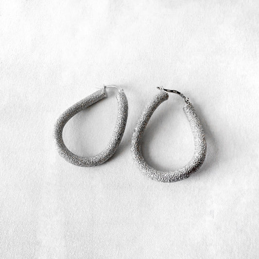 14K Italy White Gold Twisted Stardust Textured Oblong Tube 1.5 Inch Hoop Earrings, Unique Statement Minimalist Hoops