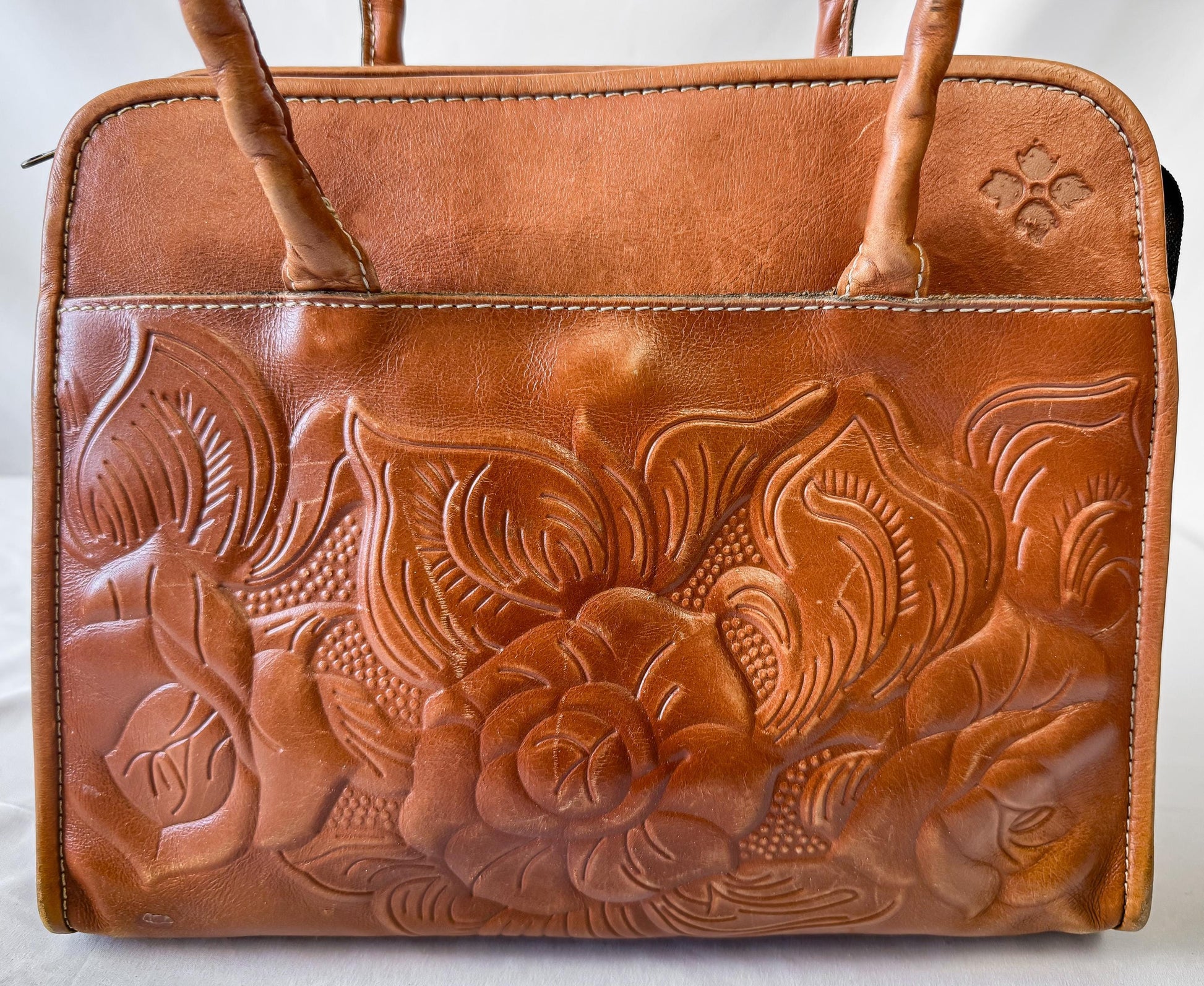 Vintage Style Patricia Nash Paris Brown Floral Tooled Leather Satchel Shoulder Bag, Western Boho Style Handbag