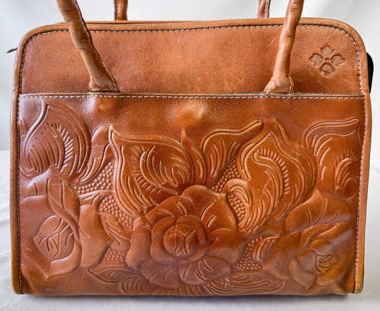 Vintage Style Patricia Nash Paris Brown Floral Tooled Leather Satchel Shoulder Bag, Western Boho Style Handbag