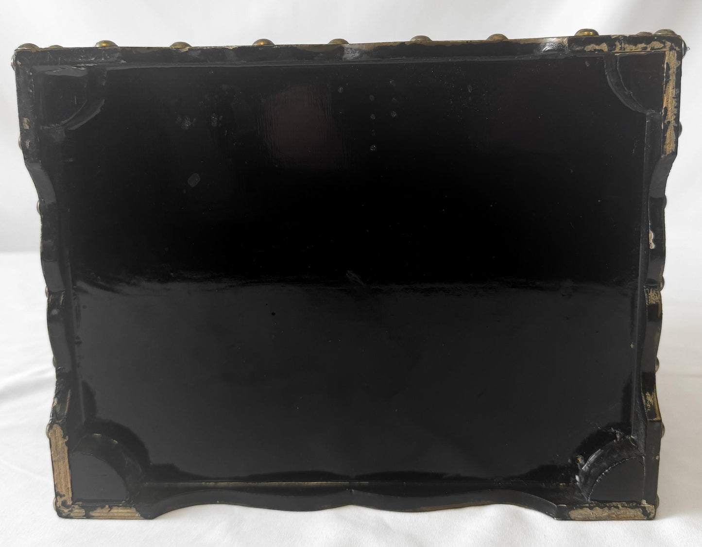 Vintage Black Gold Painted Wood Floral Stud Accent Jewelry Trunk Trinket Box