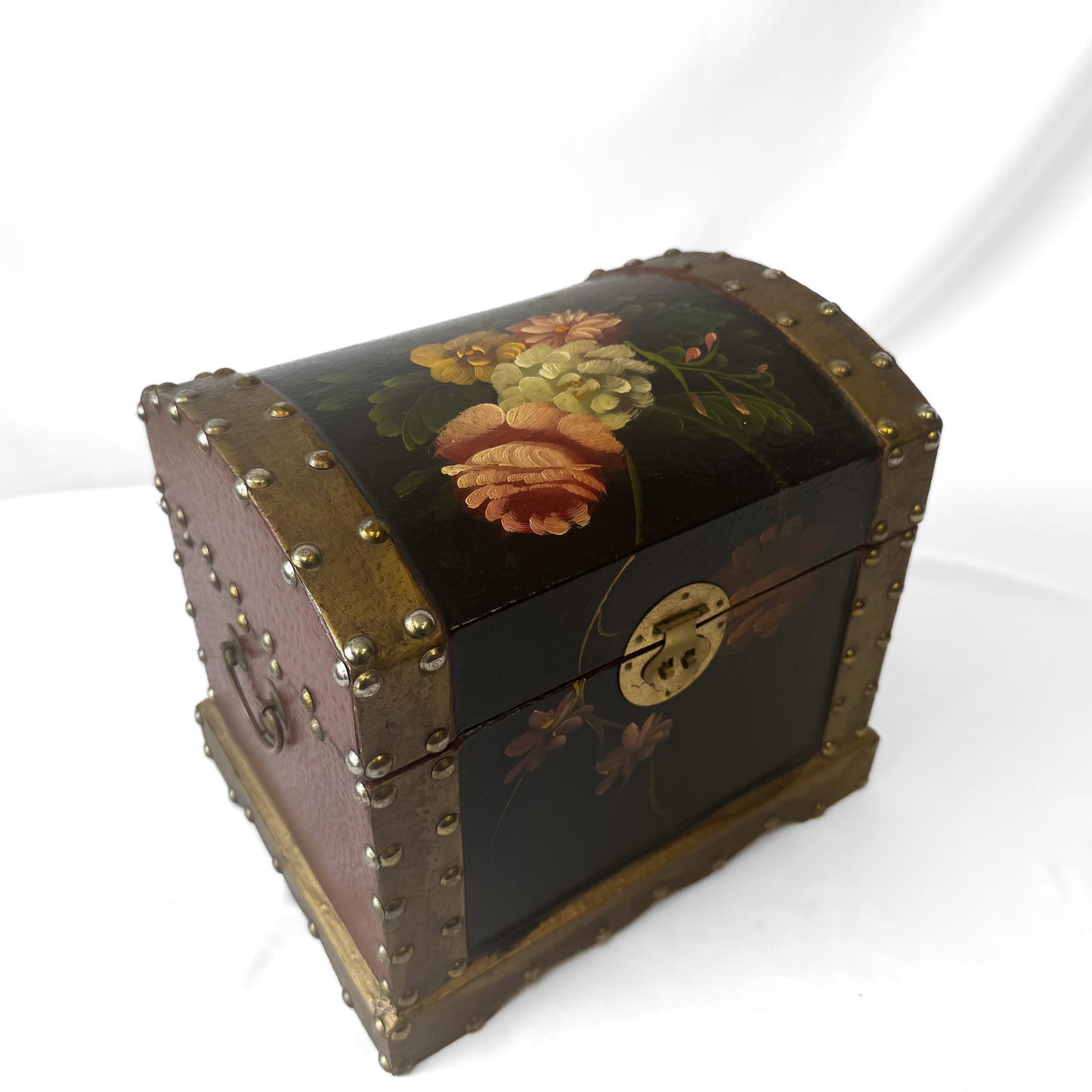 Vintage Black Gold Painted Wood Floral Stud Accent Jewelry Trunk Trinket Box