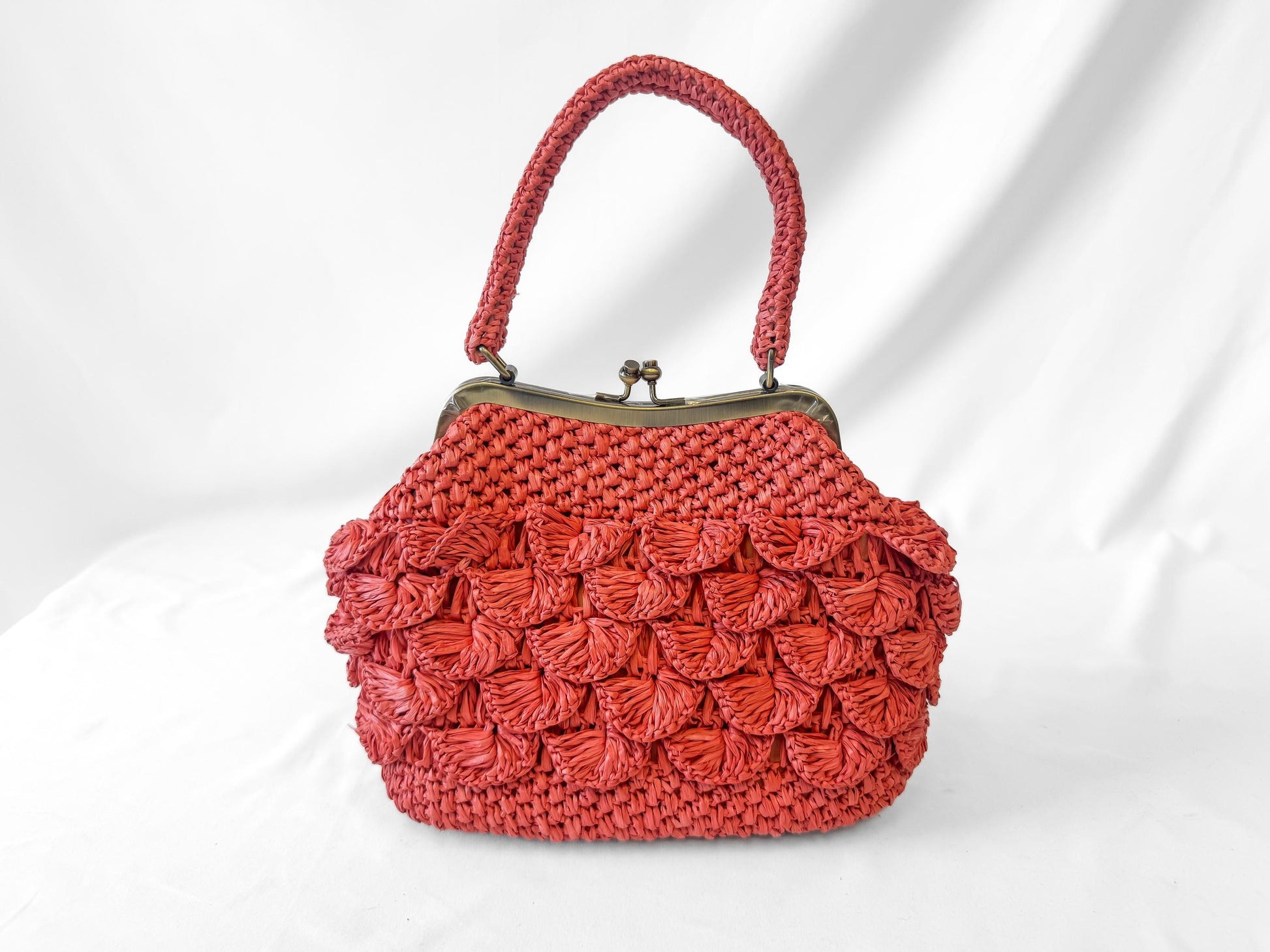 NWOT Patricia Nash Laureana Coral Pink Burnt Orange Scalloped Raffia Top Handle Satchel Bag, Coquette Cottage Core Boho Handbag