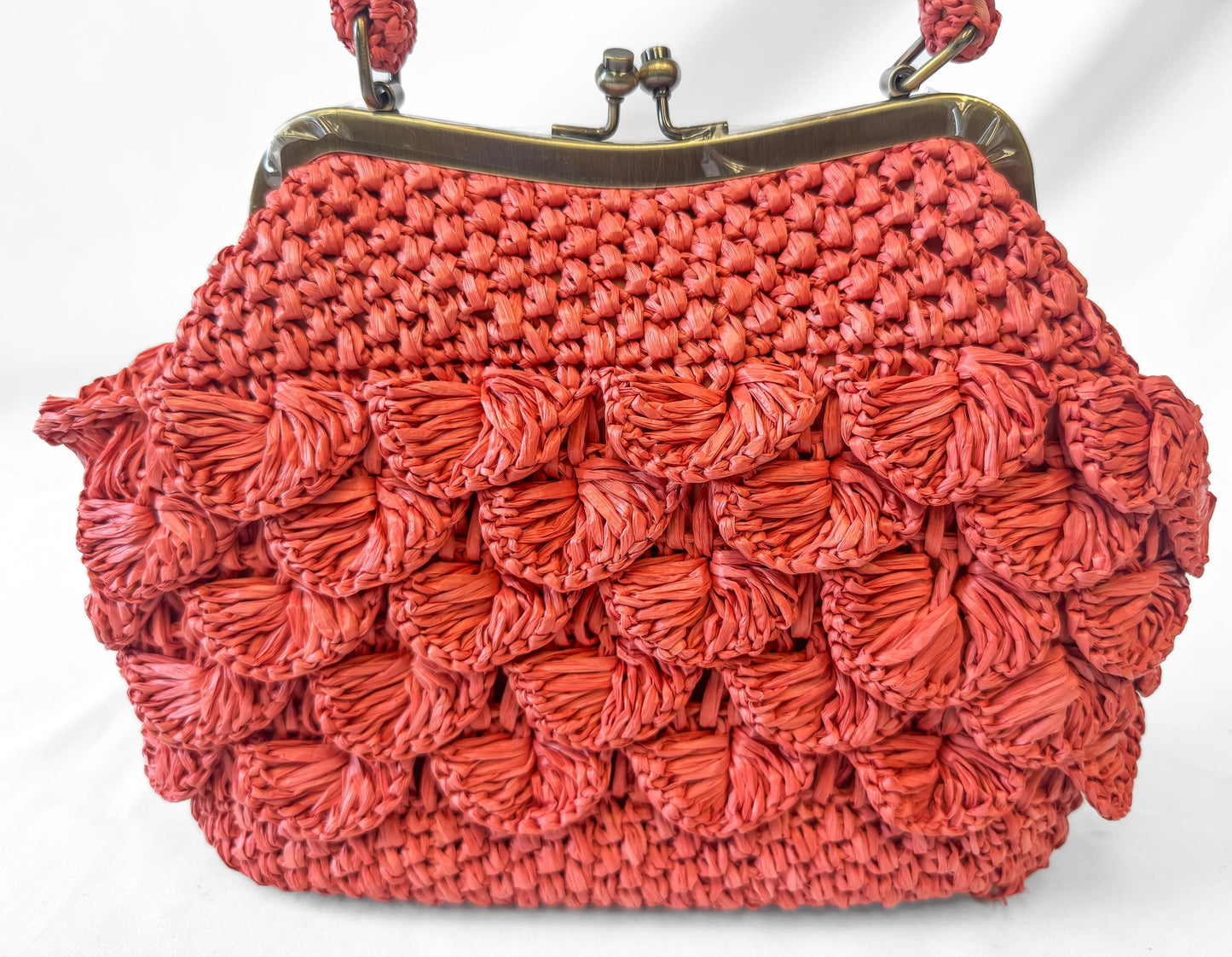 NWOT Patricia Nash Laureana Coral Pink Burnt Orange Scalloped Raffia Top Handle Satchel Bag, Coquette Cottage Core Boho Handbag