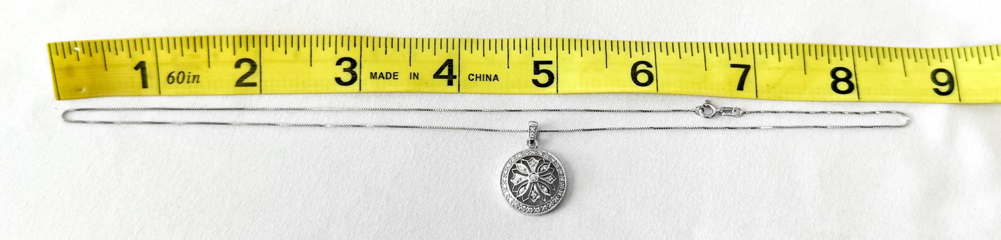 14K White Gold Diamond Floral Circle Pendant Necklace, Roughly 19", Simple Elegant Minimalist Necklace