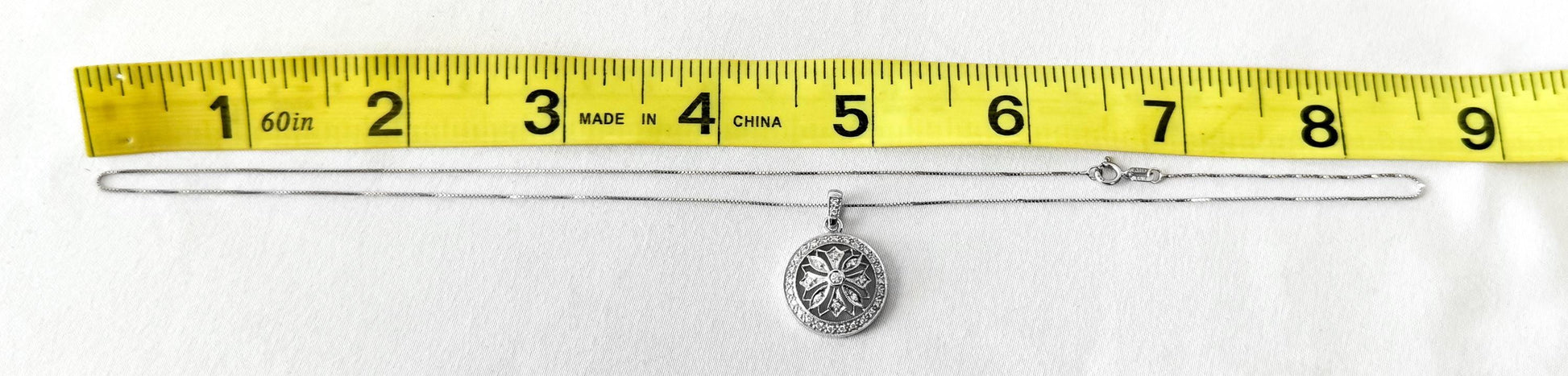 14K White Gold Diamond Floral Circle Pendant Necklace, Roughly 19", Simple Elegant Minimalist Necklace