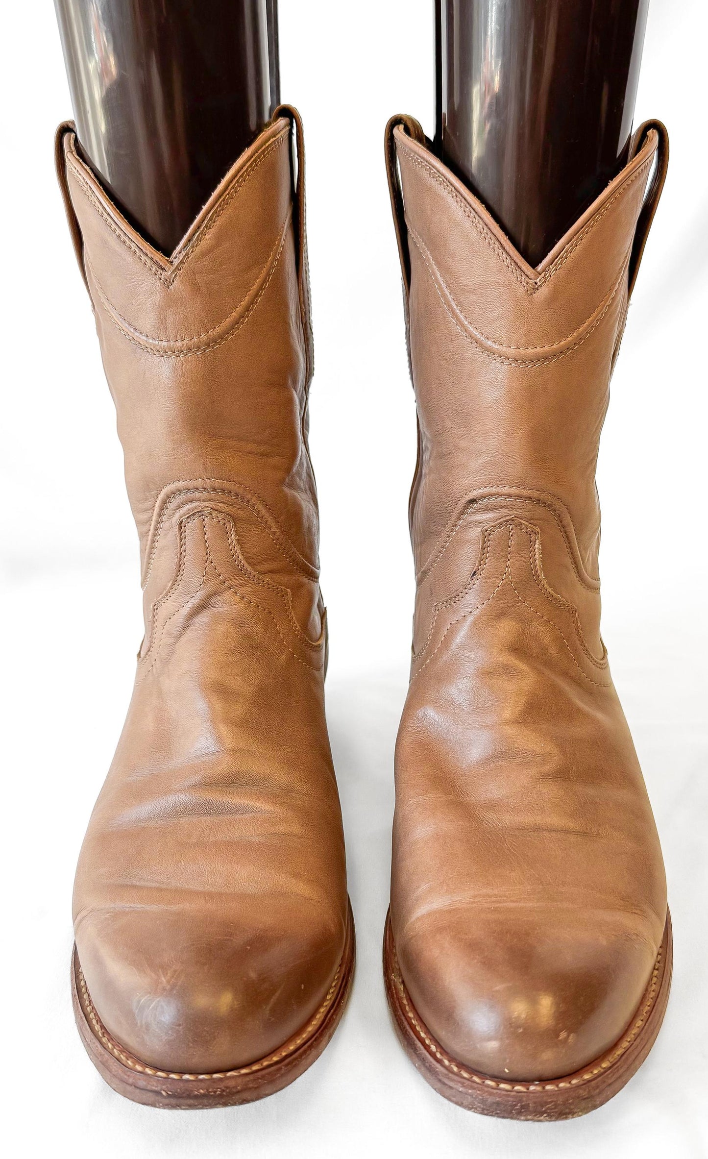 Tecovas The Earl Beige Leather Cowboy Boots, Men's Sz. 8.5EE, Unisex Vintage Style Western Festival Boots