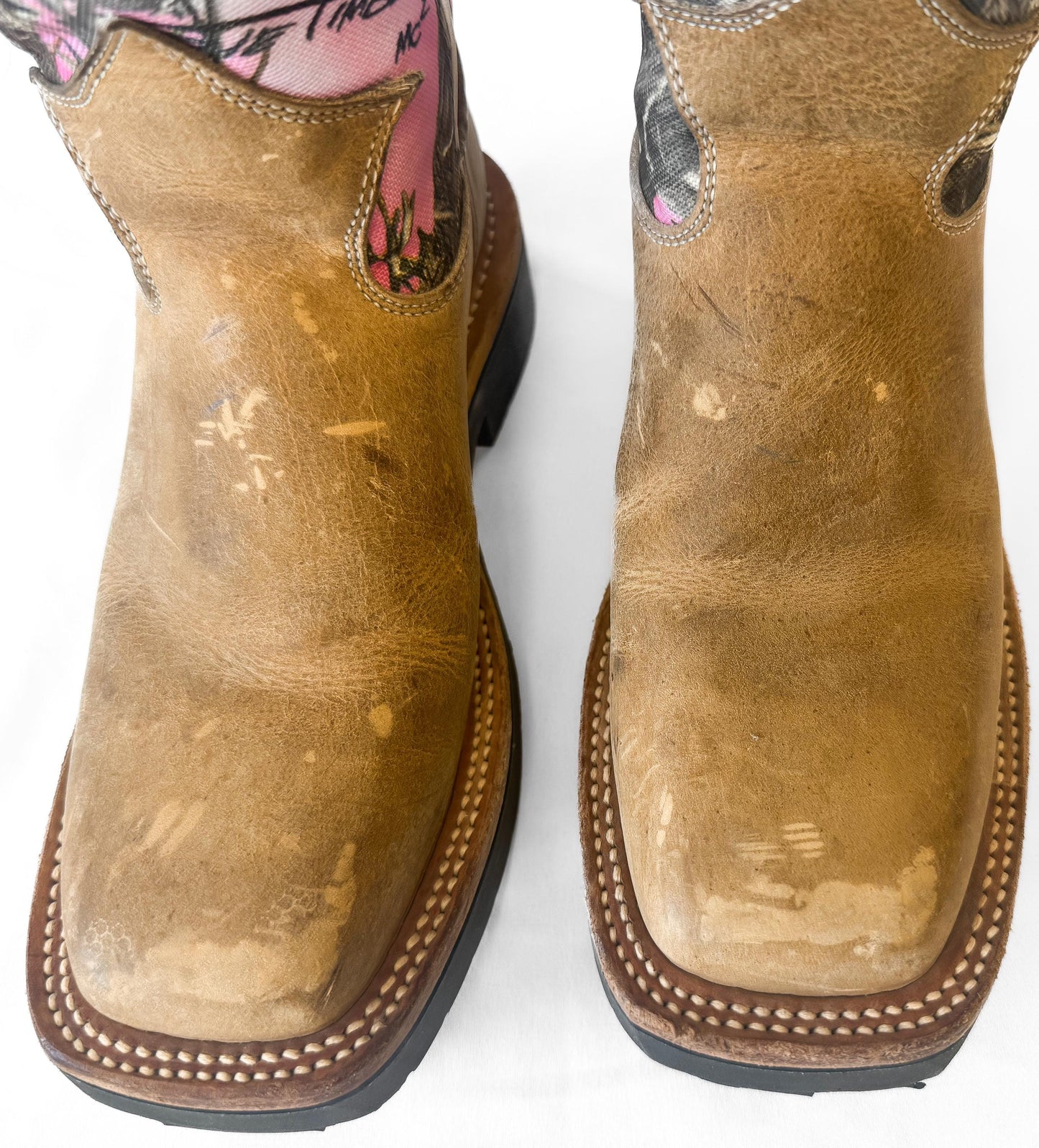 Justin Pink Rugged Camo Textile Leather Square Toe Tall Cowboy Boots, Women's Sz. 6B, Style L2116, Unique Campy Western Cowgirl Boots