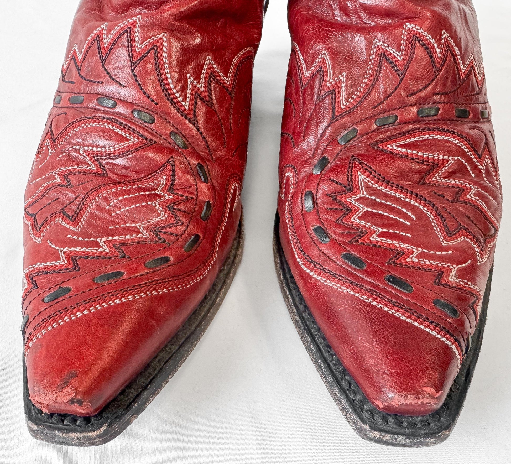 Vintage Style Dan Post Sidewinder Red Embroidered Snip Toe Cowboy Boots, Women's Sz. 7.5M, Style 3455, Western Boho Festival Style Boots