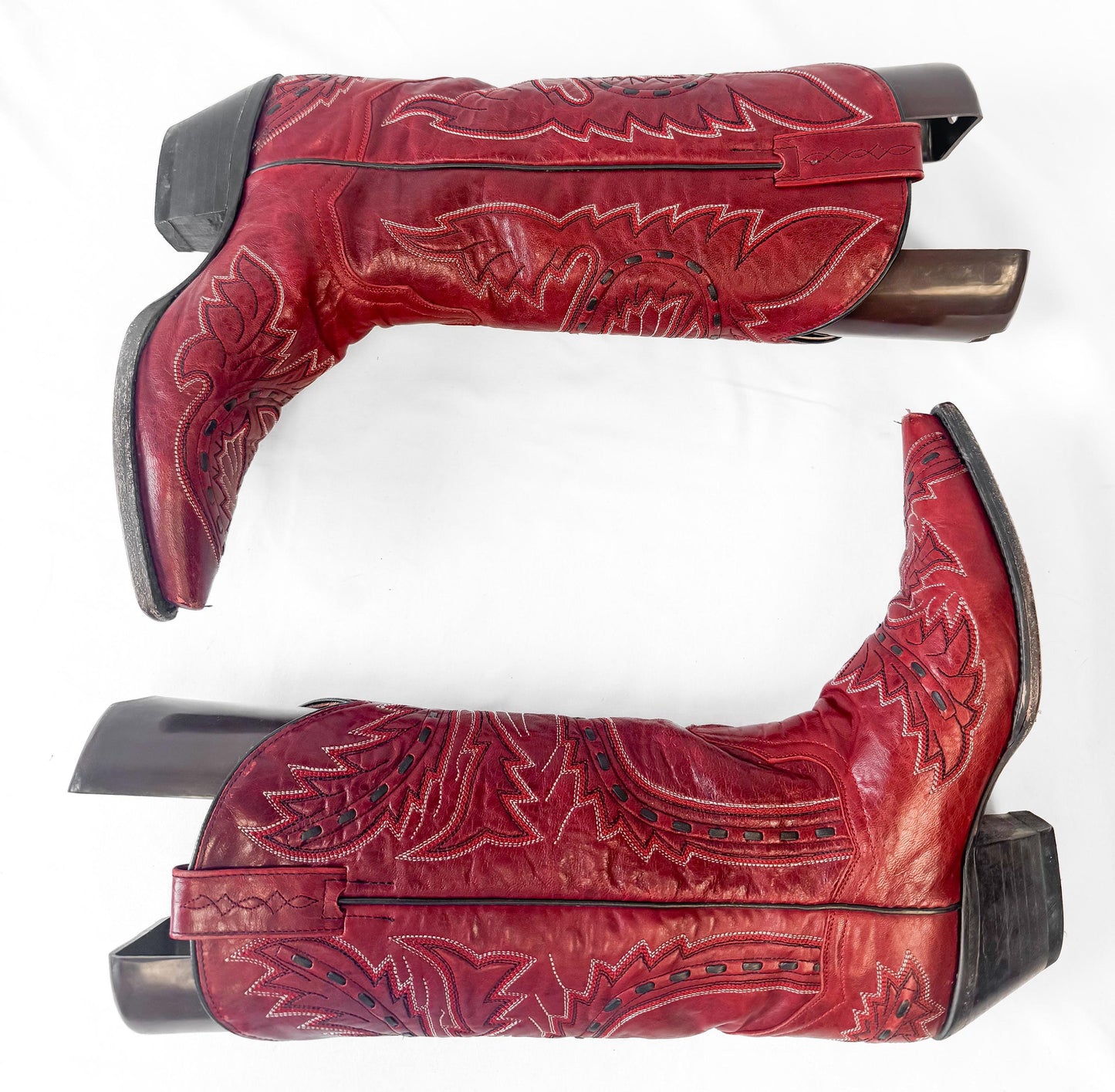 Vintage Style Dan Post Sidewinder Red Embroidered Snip Toe Cowboy Boots, Women's Sz. 7.5M, Style 3455, Western Boho Festival Style Boots