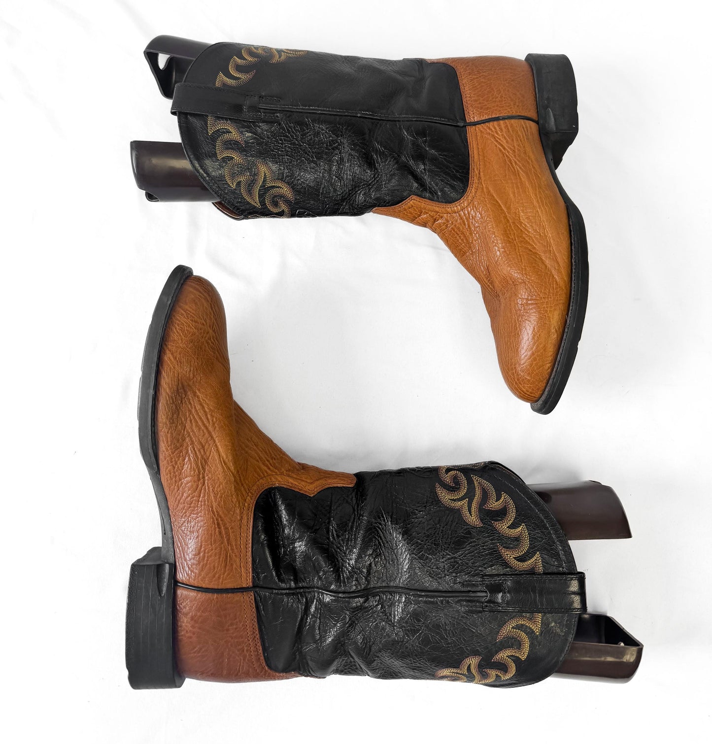 Vintage Style Ariat Black Tan Embroidered Leather Cowboy Boots, Men's Sz. 11.5D