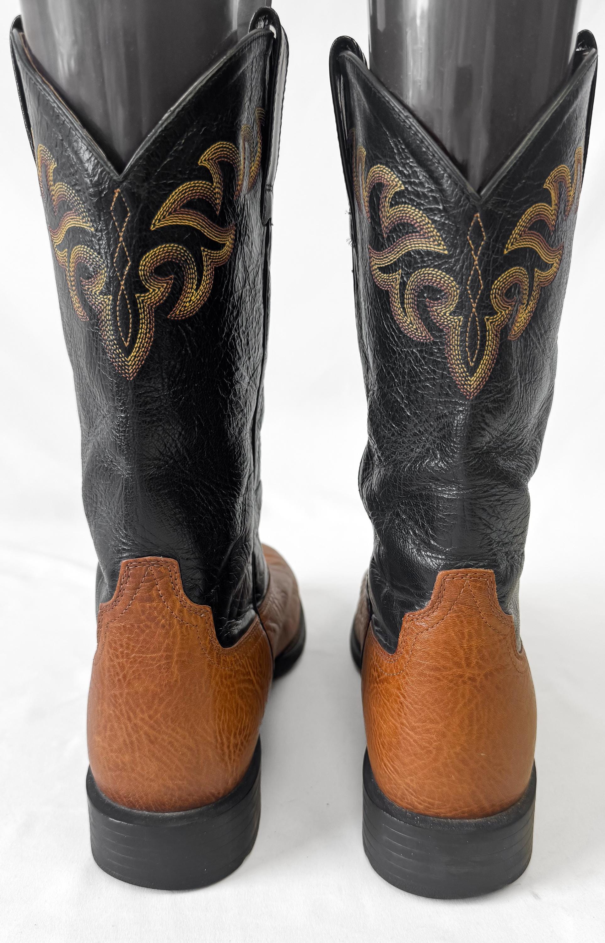 Vintage Style Ariat Black Tan Embroidered Leather Cowboy Boots, Men's Sz. 11.5D
