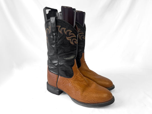 Vintage Style Ariat Black Tan Embroidered Leather Cowboy Boots, Men's Sz. 11.5D