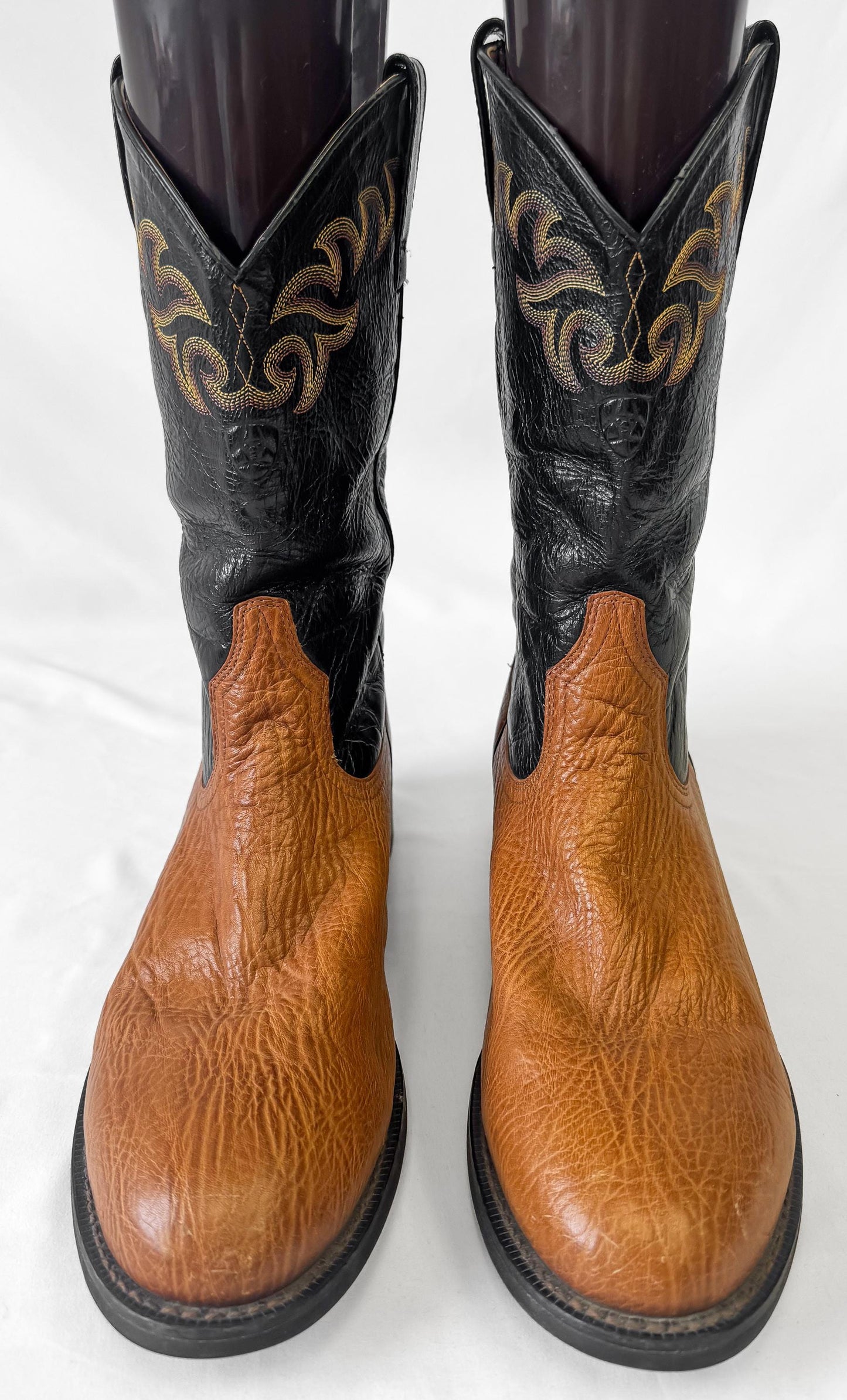 Vintage Style Ariat Black Tan Embroidered Leather Cowboy Boots, Men's Sz. 11.5D