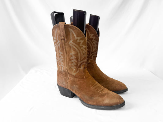 Vintage Style Tony Lama Brown Tan Suede Embroidered Cowboy Boots, Men's Sz. 13D