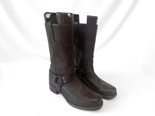 Vintage Frye Chocolate Brown Leather Square Toe Harness Boots, Men's Sz. 10M, Unisex Western Style Boots