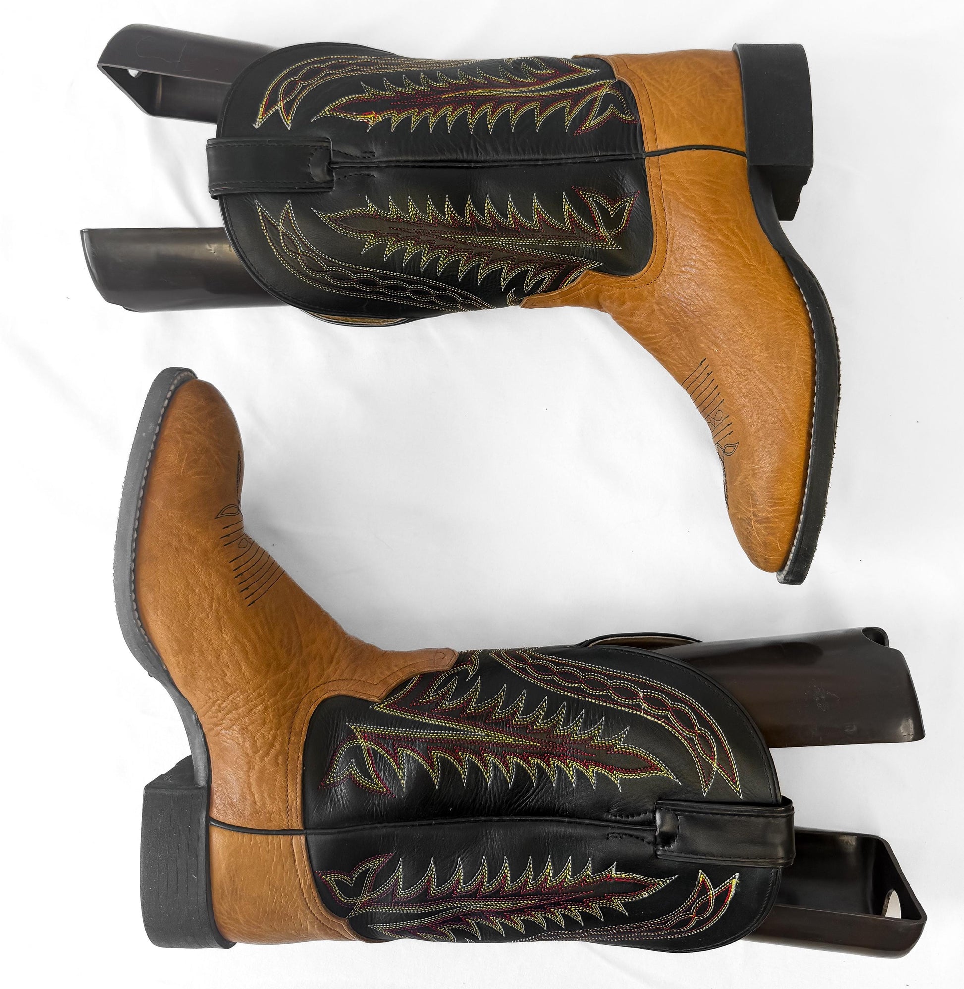 Vintage Tony Lama Roper Brown Black Fern Stitch Leather Cowboy Boots, Men's Sz. 8D, Unique Western Festival Boots