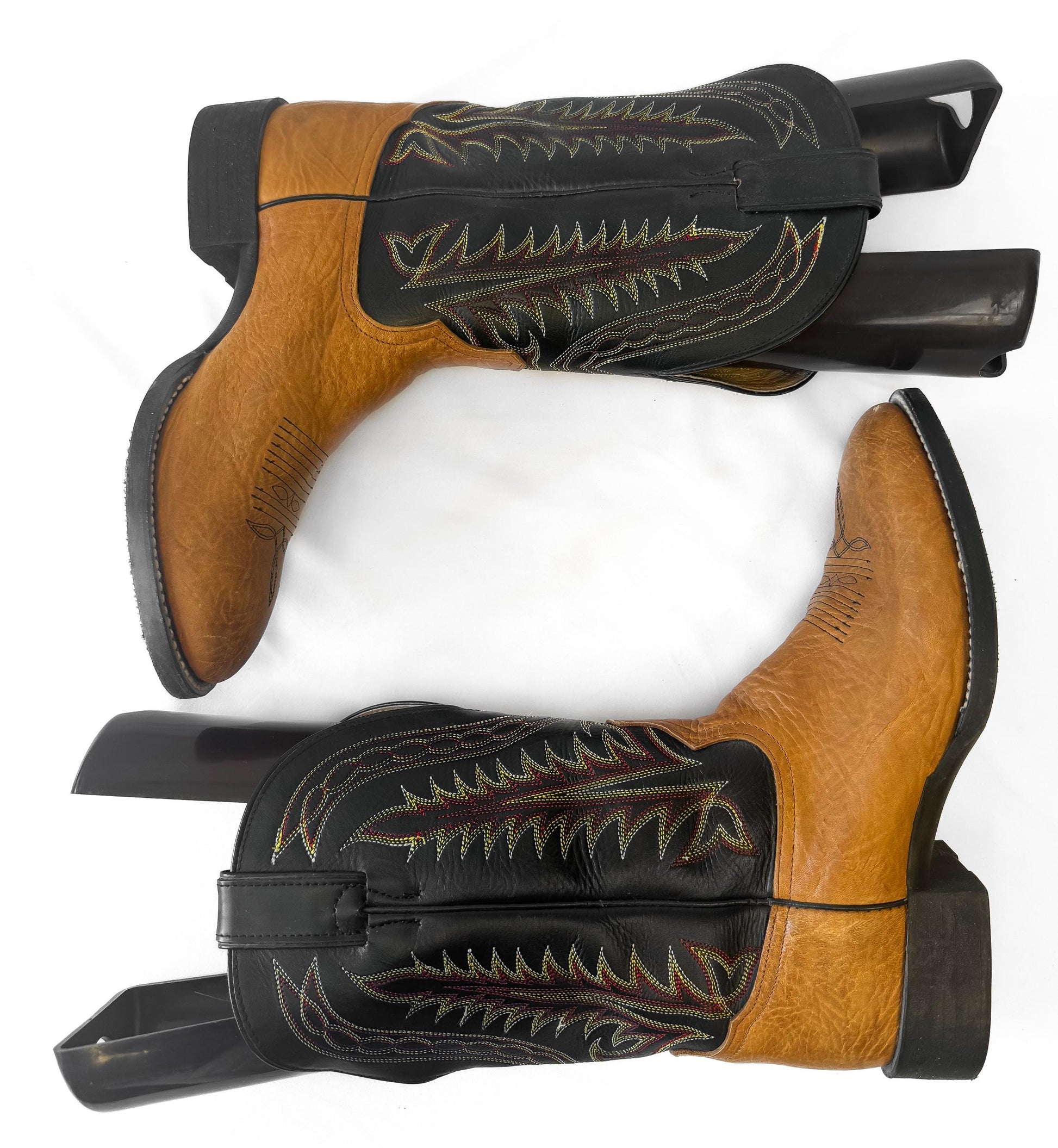 Vintage Tony Lama Roper Brown Black Fern Stitch Leather Cowboy Boots, Men's Sz. 8D, Unique Western Festival Boots