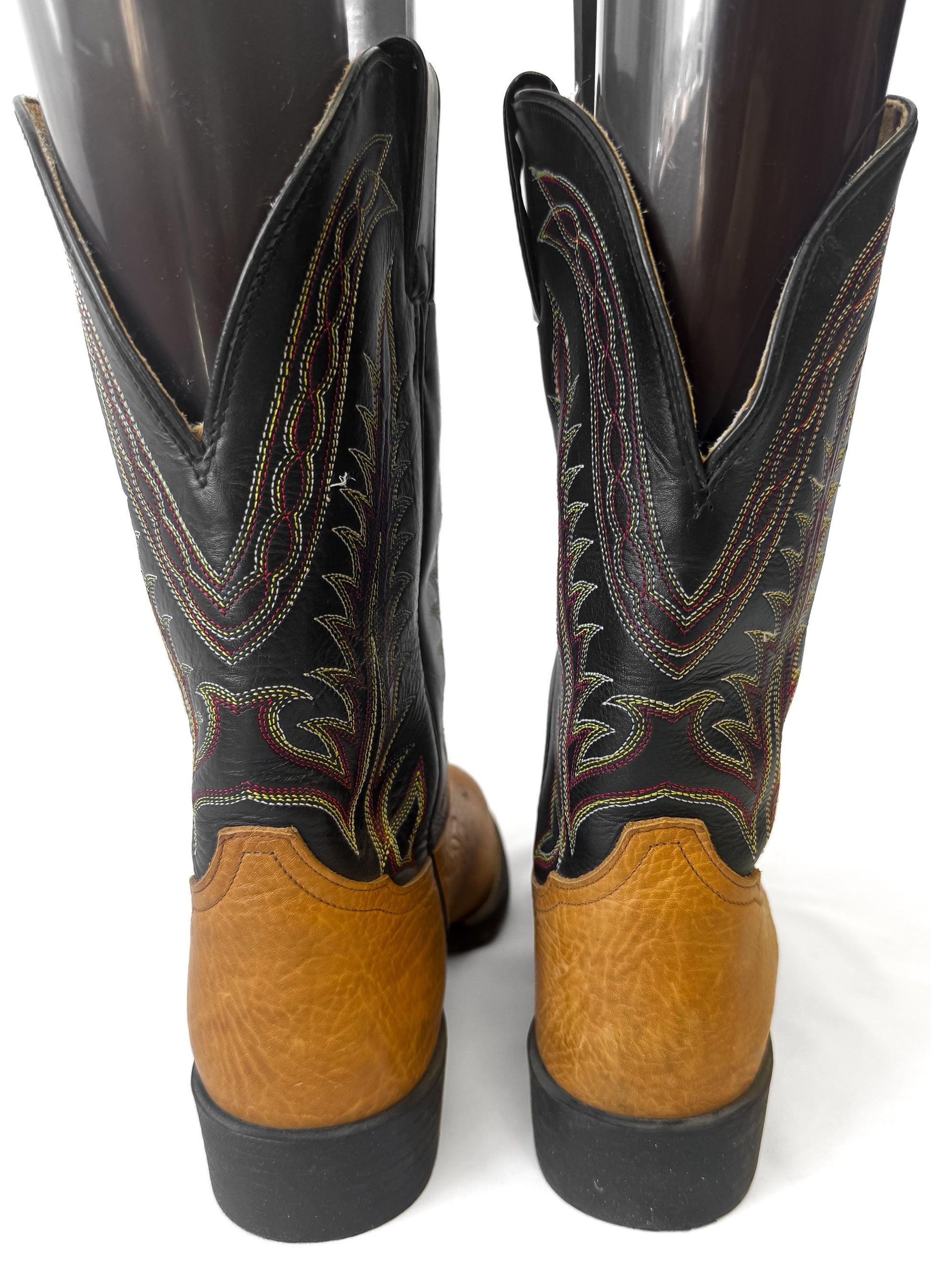 Vintage Tony Lama Roper Brown Black Fern Stitch Leather Cowboy Boots, Men's Sz. 8D, Unique Western Festival Boots