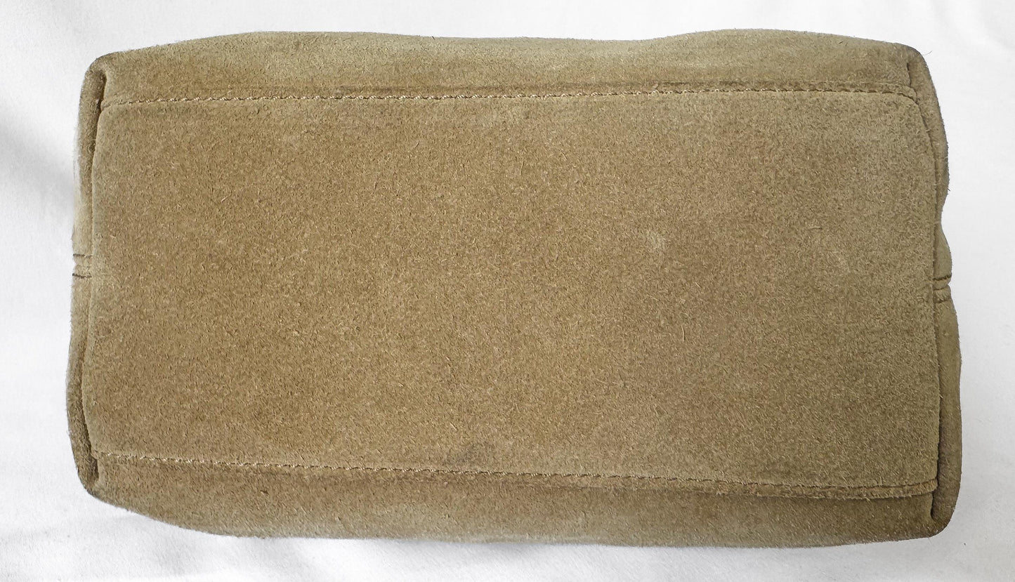 Y2K 00s Coach Suede Tan Beige Embossed Logo Top Handle Mini Bag