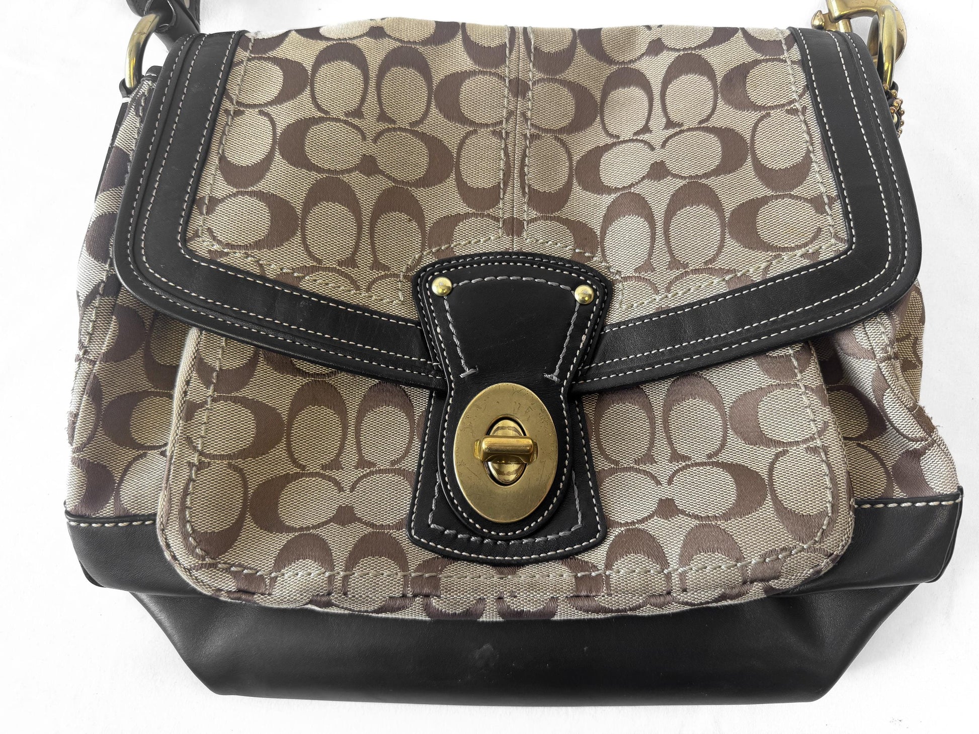 Y2K 00s Vintage Coach Ali Legacy Turnlock Beige Khaki Black Shoulder Bag, Style 12857