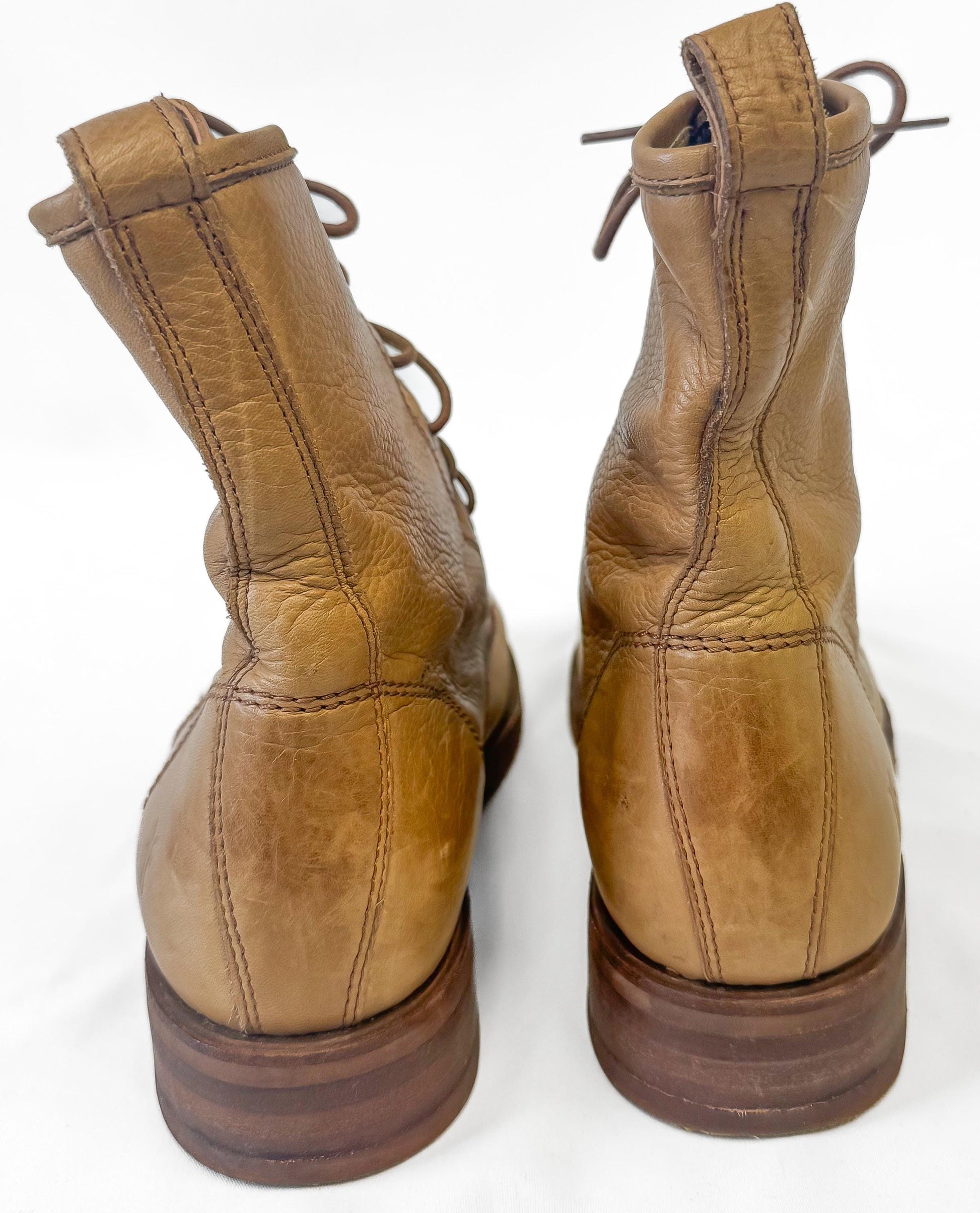 Vintage Frye Camel Beige Brown Veronica Lace Up Leather Combat Boots, Women's Sz. 10B
