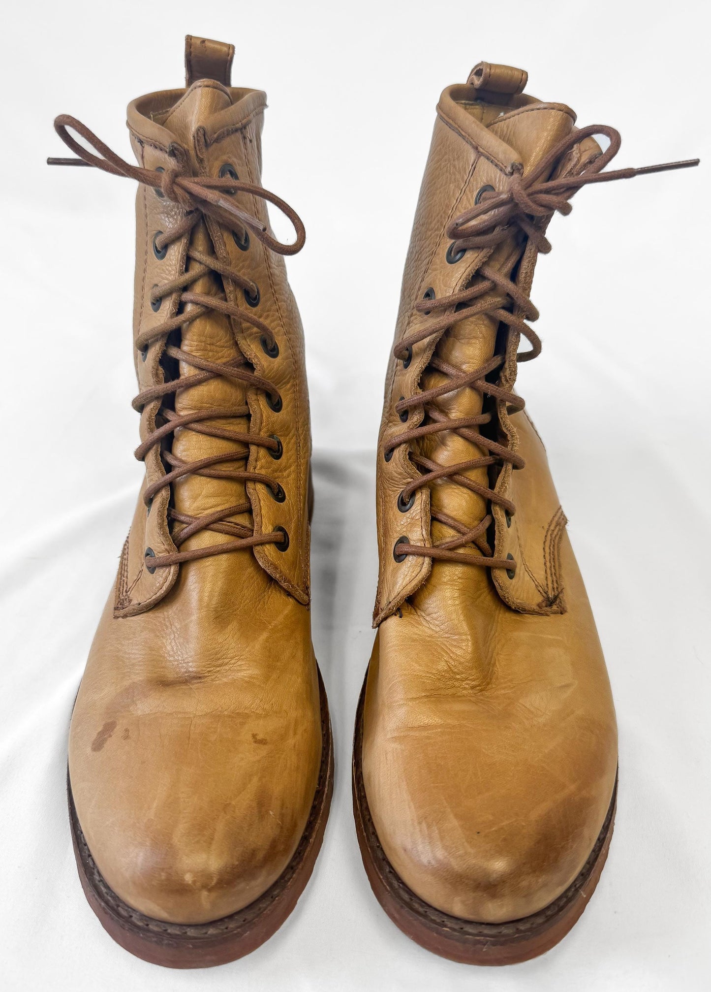Vintage Frye Camel Beige Brown Veronica Lace Up Leather Combat Boots, Women's Sz. 10B