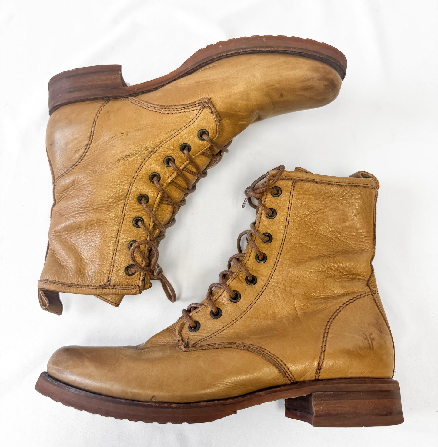 Vintage Frye Camel Beige Brown Veronica Lace Up Leather Combat Boots, Women's Sz. 10B