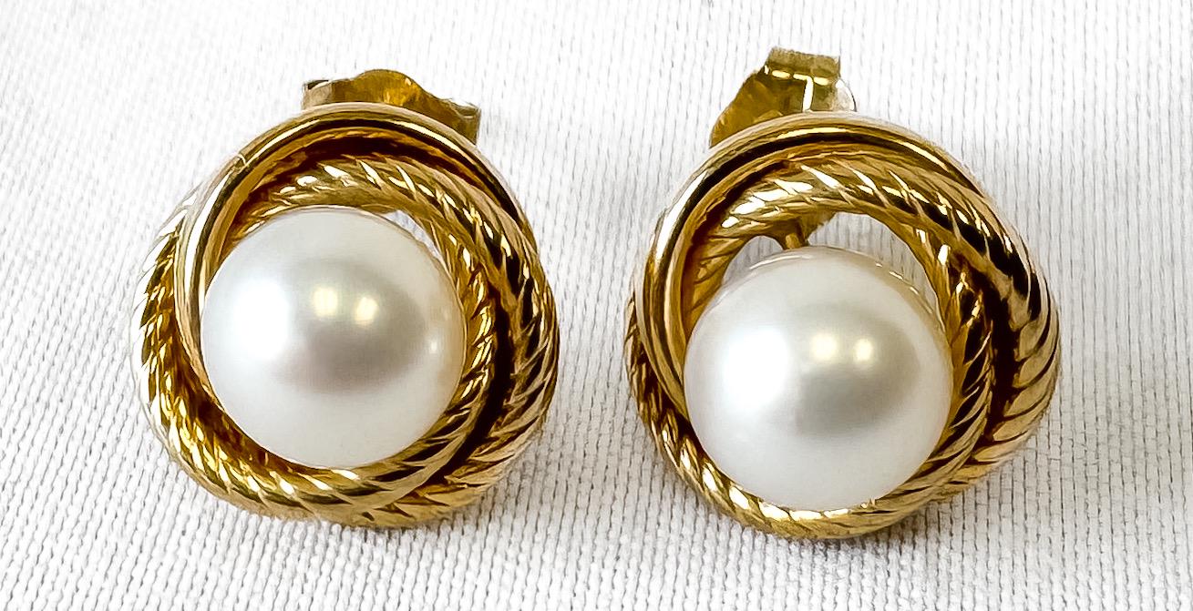 10K Yellow Gold Round Knotted Pearl Stud Earrings, Simple Elegant Minimalist Bridal Style Earrings