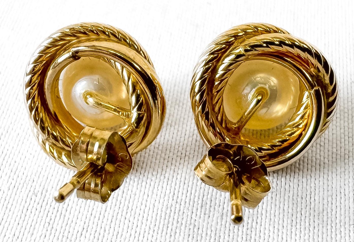 10K Yellow Gold Round Knotted Pearl Stud Earrings, Simple Elegant Minimalist Bridal Style Earrings