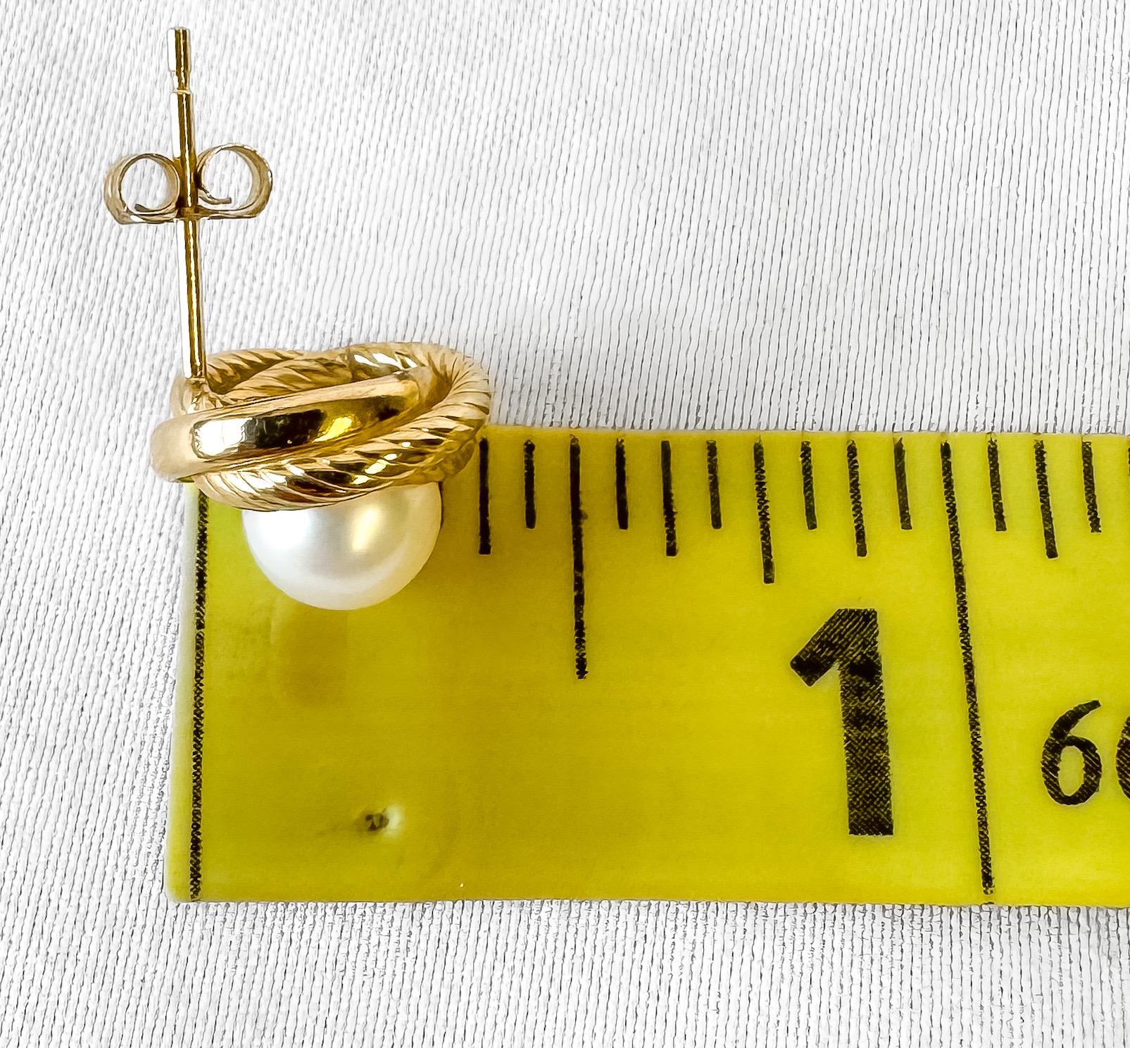10K Yellow Gold Round Knotted Pearl Stud Earrings, Simple Elegant Minimalist Bridal Style Earrings