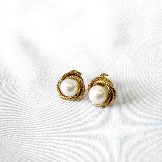 10K Yellow Gold Round Knotted Pearl Stud Earrings, Simple Elegant Minimalist Bridal Style Earrings