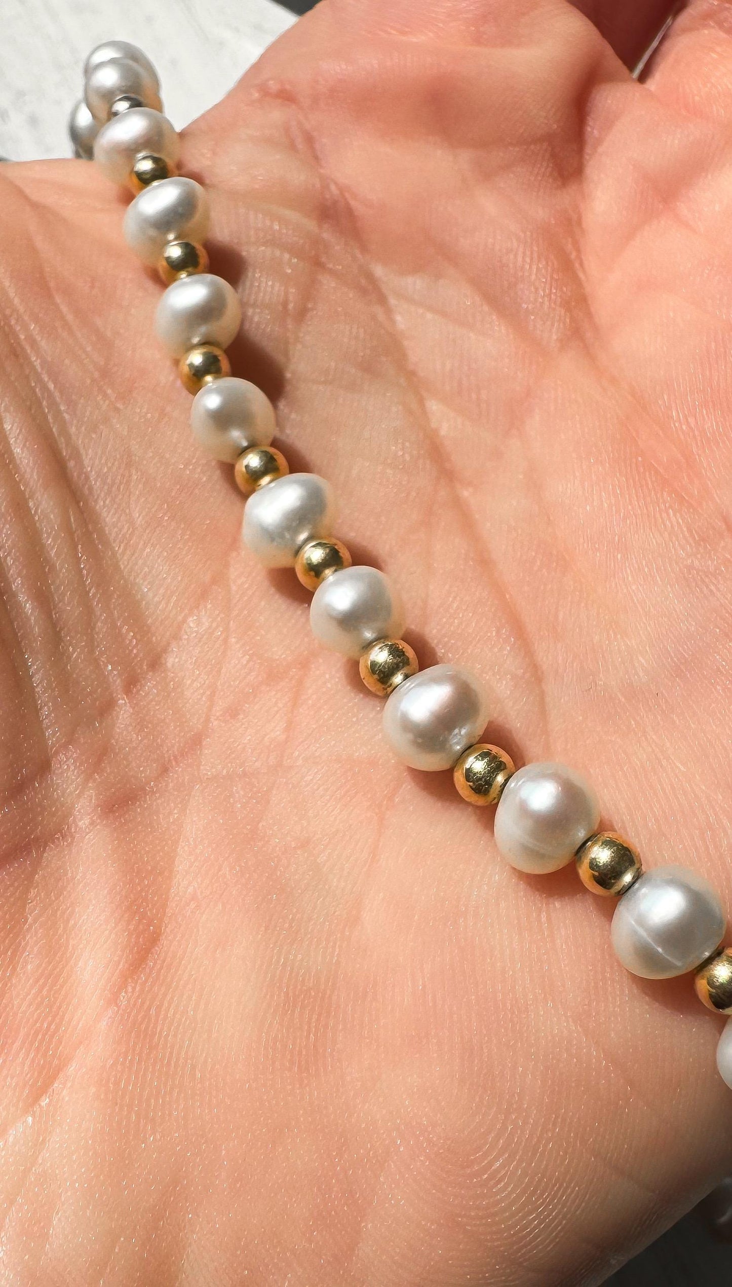 14K Yellow Gold Freshwater Pearl Gold Ball Beaded 18" Necklace, Simple Everyday Elegant Beachy Coastal Bridal Pearl Necklace