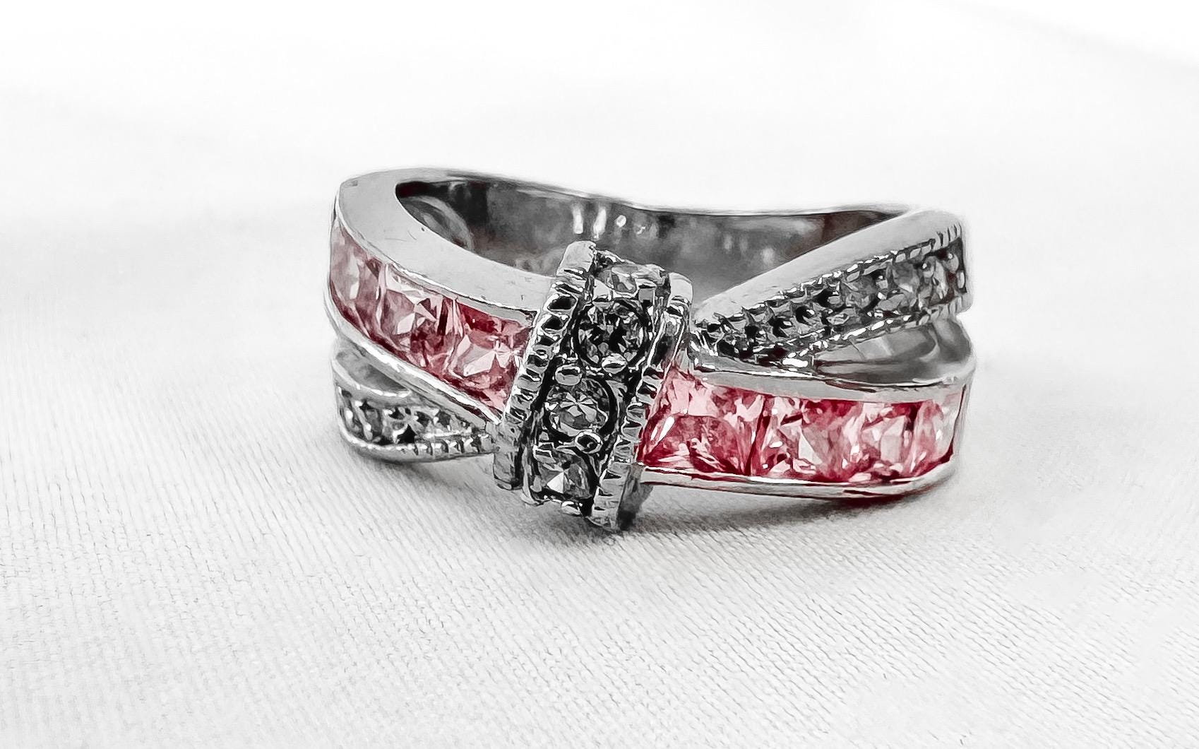 10K White Gold Diamond Pink Tanzanite Criss Cross Ribbon Style Band Ring, Sz. 6