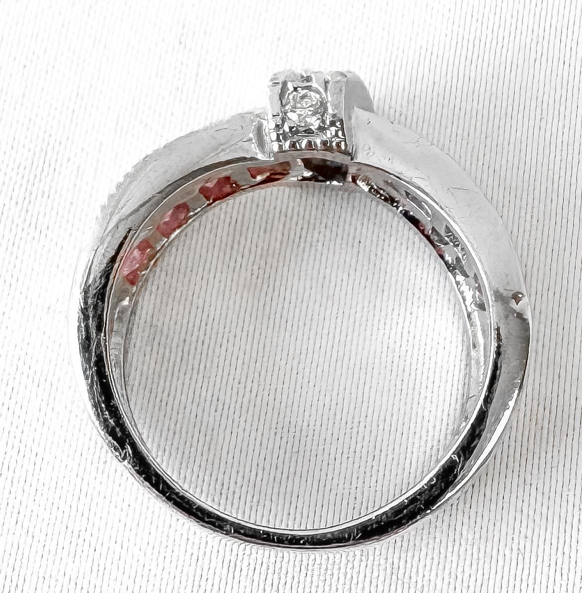 10K White Gold Diamond Pink Tanzanite Criss Cross Ribbon Style Band Ring, Sz. 6