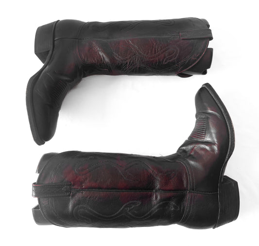 J. Chrisholm Black Cherry Red Leather Cowboy Boots, Men's Sz. 8.5D, Unisex Vintage Festival Cowboy Boots
