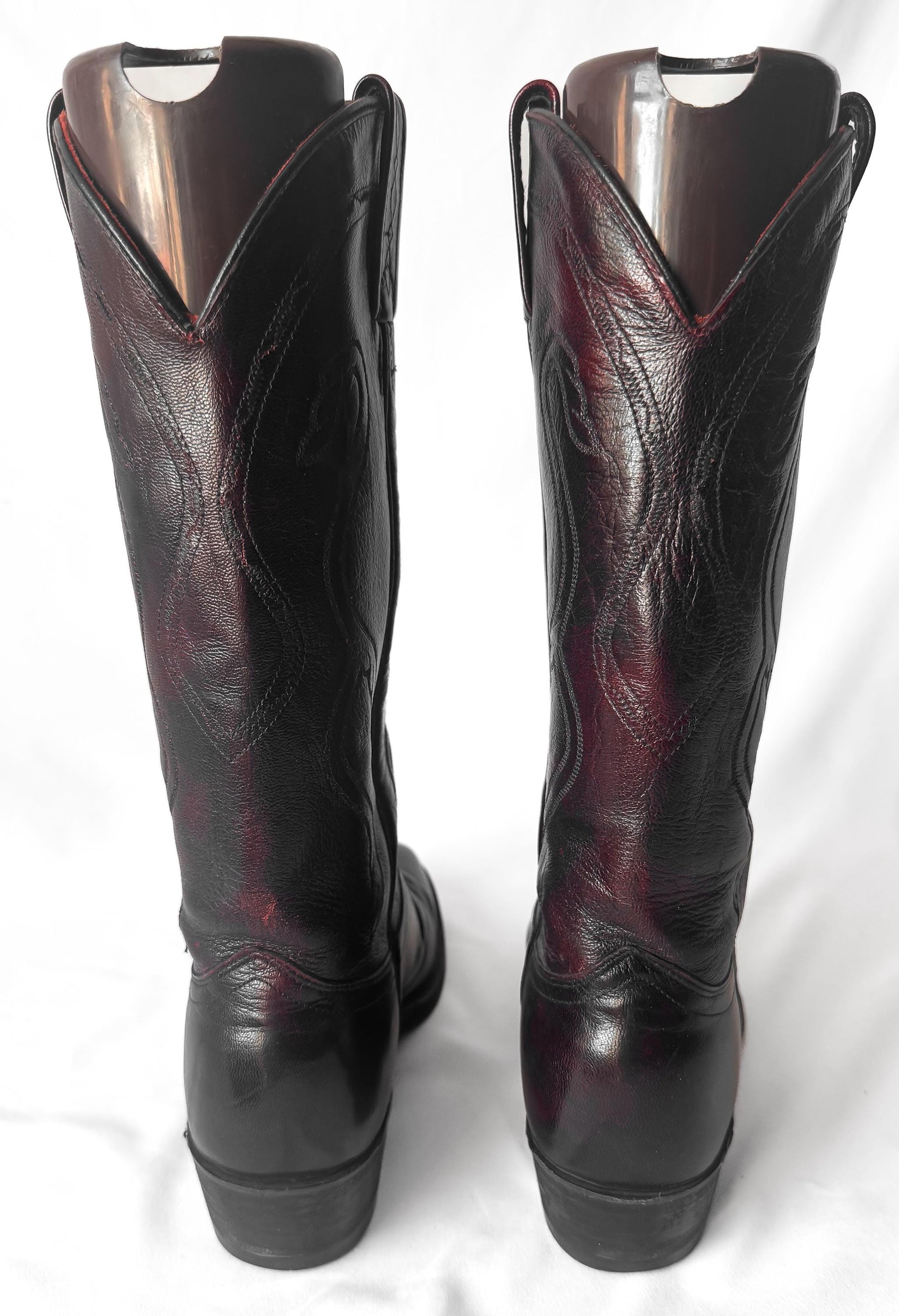 J. Chrisholm Black Cherry Red Leather Cowboy Boots, Men's Sz. 8.5D, Unisex Vintage Festival Cowboy Boots