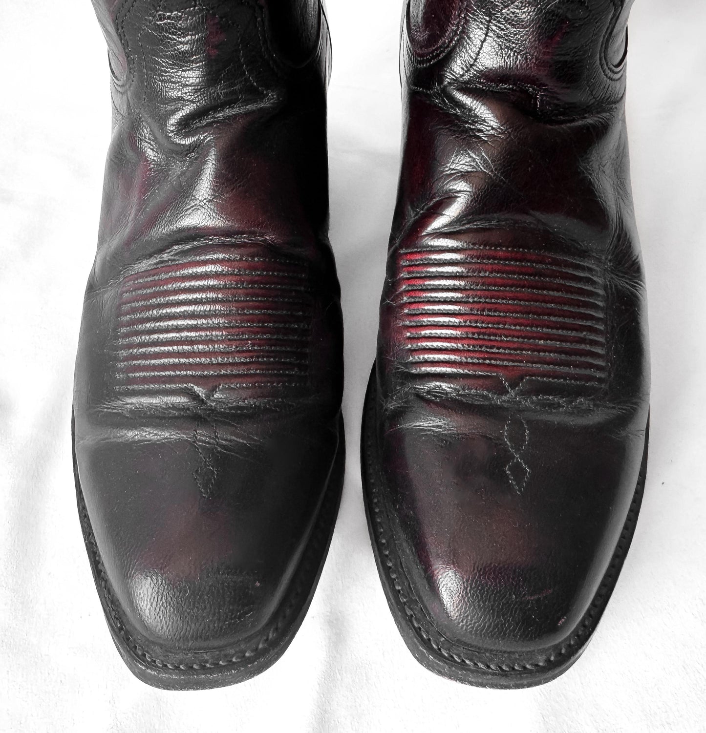 J. Chrisholm Black Cherry Red Leather Cowboy Boots, Men's Sz. 8.5D, Unisex Vintage Festival Cowboy Boots