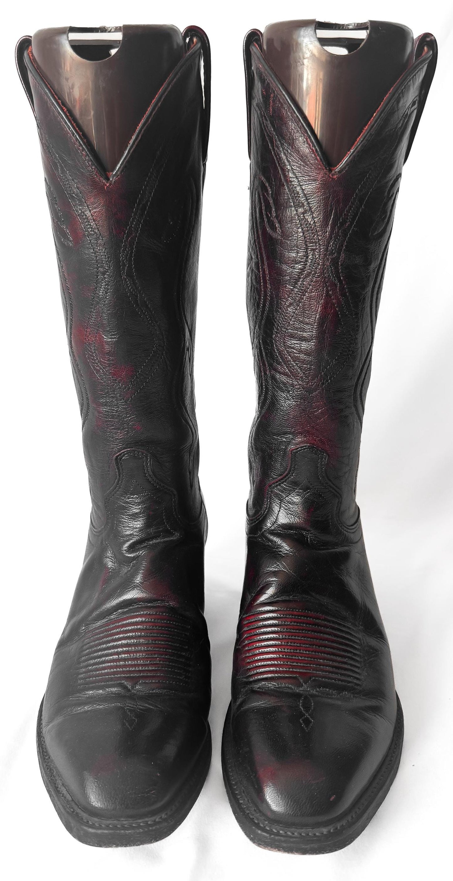 J. Chrisholm Black Cherry Red Leather Cowboy Boots, Men's Sz. 8.5D, Unisex Vintage Festival Cowboy Boots