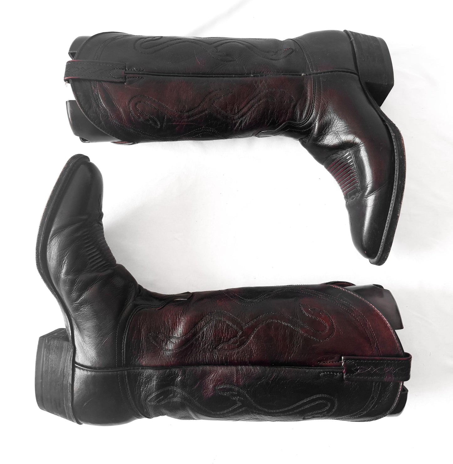 J. Chrisholm Black Cherry Red Leather Cowboy Boots, Men's Sz. 8.5D, Unisex Vintage Festival Cowboy Boots
