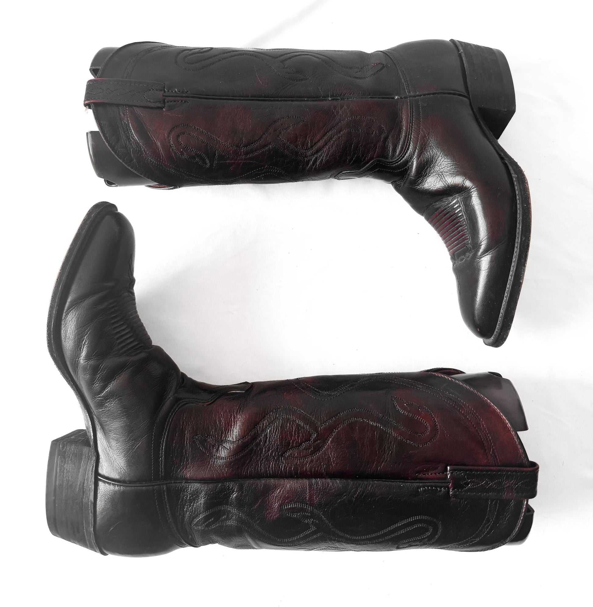 J. Chrisholm Black Cherry Red Leather Cowboy Boots, Men's Sz. 8.5D, Unisex Vintage Festival Cowboy Boots