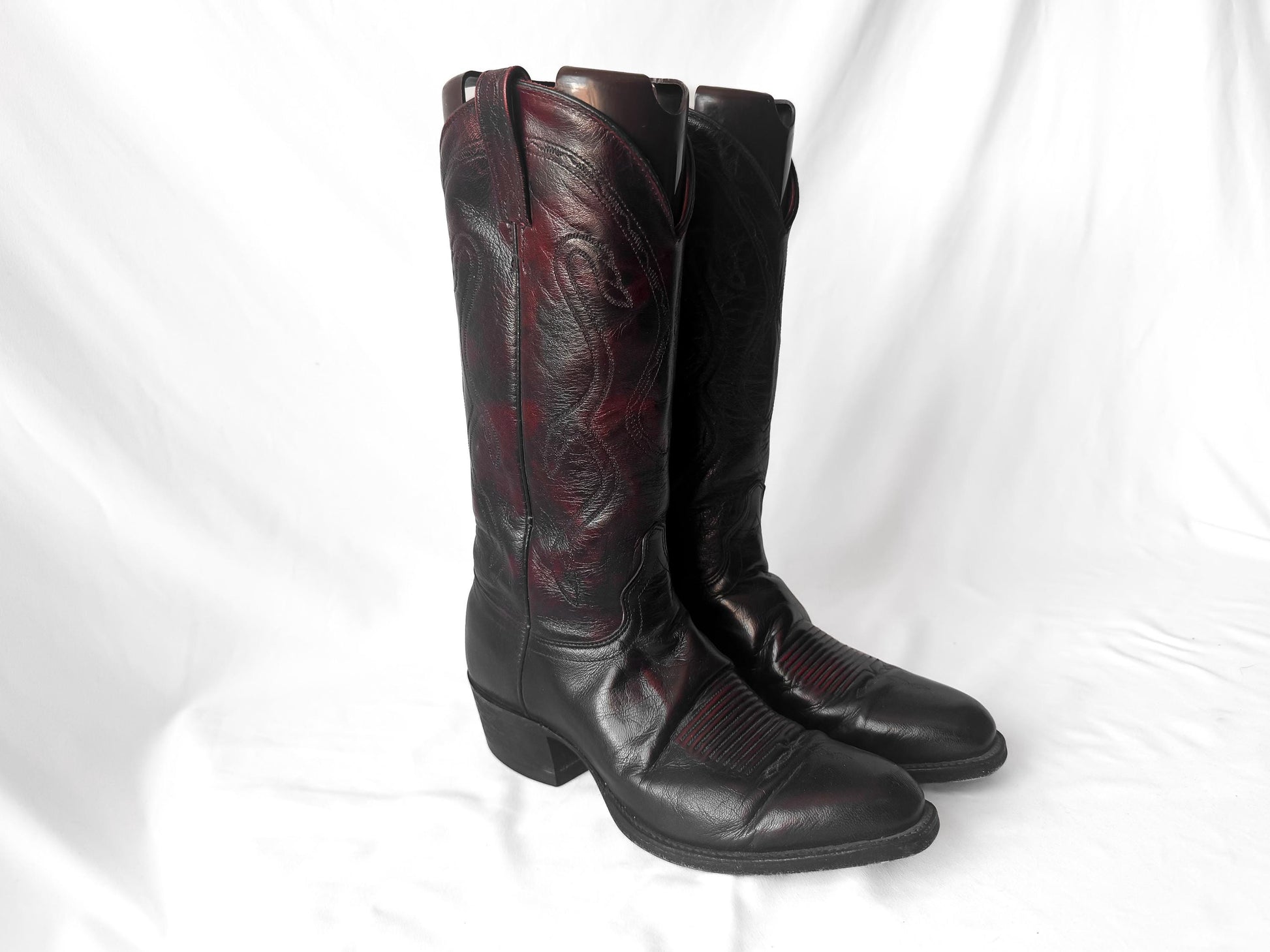 J. Chrisholm Black Cherry Red Leather Cowboy Boots, Men's Sz. 8.5D, Unisex Vintage Festival Cowboy Boots