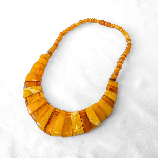 Vintage Baltic Butterscotch Amber Beaded Bib Style Statement Necklace, Roughly 17 Inches
