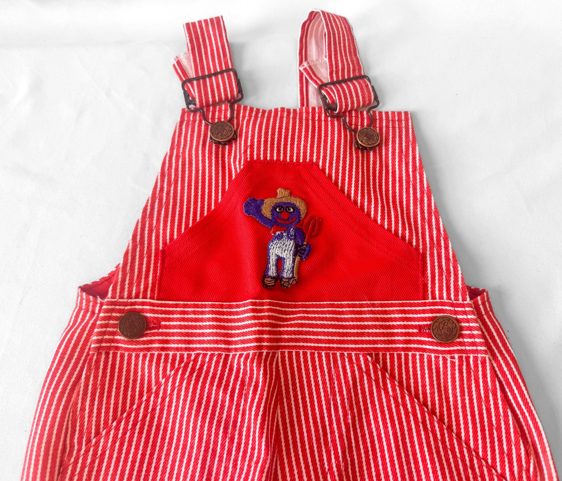 Vintage JCPenney Sesame Street Grover Red Striped Denim Overalls, Kids Size 4T