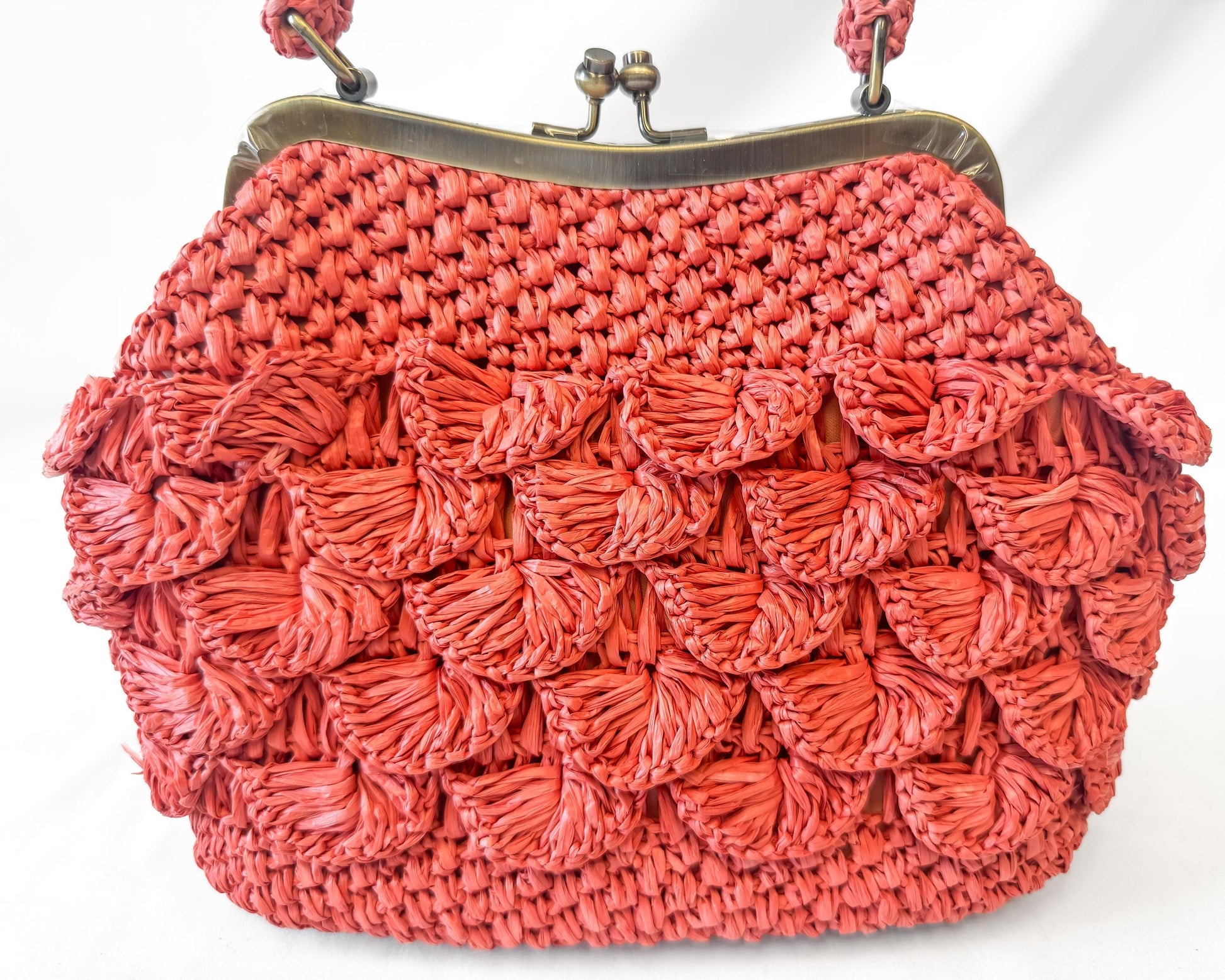 NWOT Patricia Nash Laureana Coral Pink Burnt Orange Scalloped Raffia Top Handle Satchel Bag, Coquette Cottage Core Boho Handbag