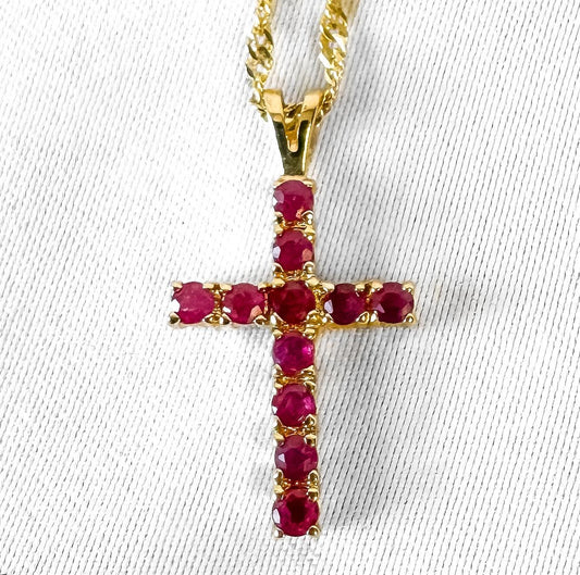 14K Yellow Gold Ruby Cross Pendant on an 18 Inch 14K Chain, Elegant Simple Cross Necklace