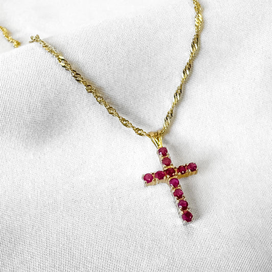 14K Yellow Gold Ruby Cross Pendant on an 18 Inch 14K Chain, Elegant Simple Cross Necklace