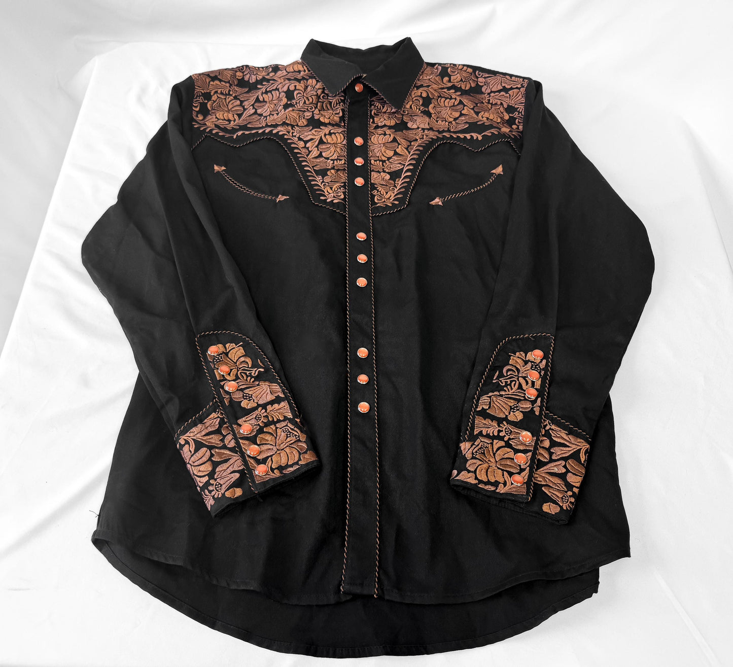 Vintage Style Scully Gunfighter Black Copper Floral Embroidered Button Down Oxford Shirt, Men's Sz. M