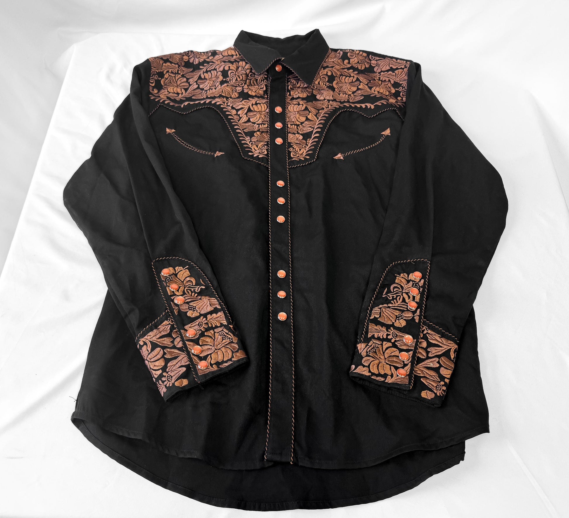 Vintage Style Scully Gunfighter Black Copper Floral Embroidered Button Down Oxford Shirt, Men's Sz. M