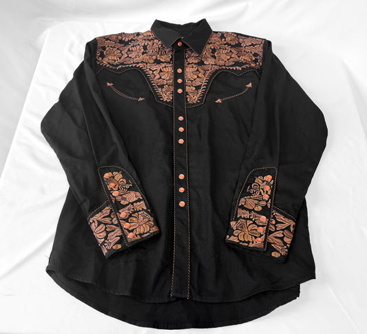 Scully Gunfighter Black Copper Floral Embroidered Button Down Oxford Shirt, Men's Sz. M