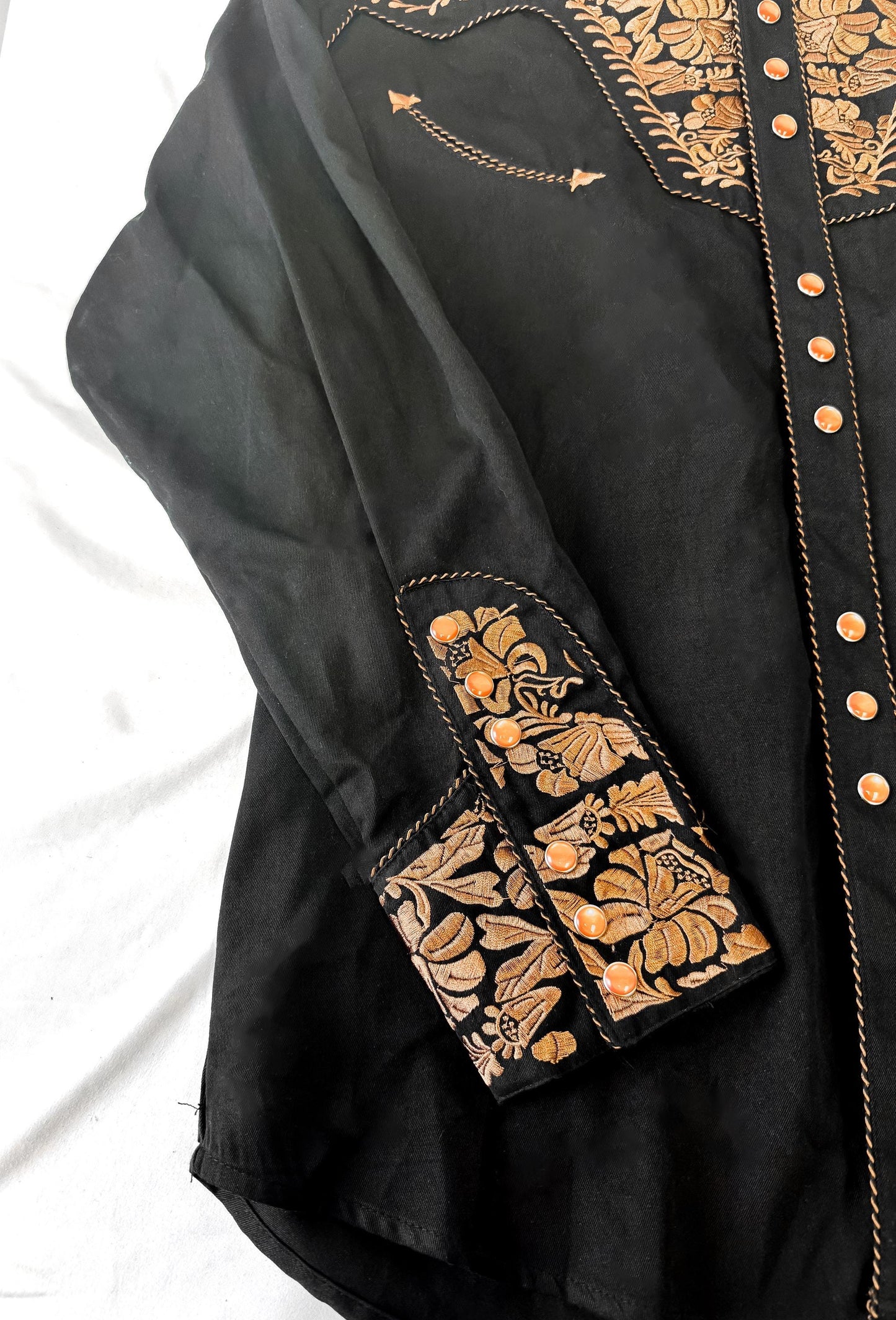 Vintage Style Scully Gunfighter Black Copper Floral Embroidered Button Down Oxford Shirt, Men's Sz. M